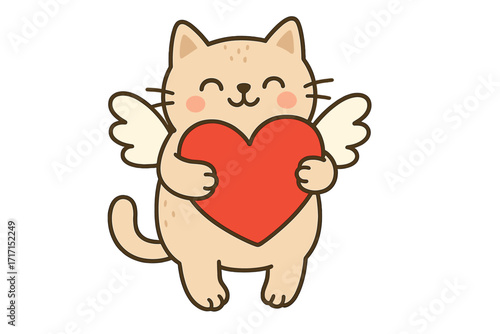 Cute winged cat holding red heart. Funny animal cupid character for Valentine's Day greeting card. Kawaii cartoon kitten mascot. Love symbol for baby card or pet design.