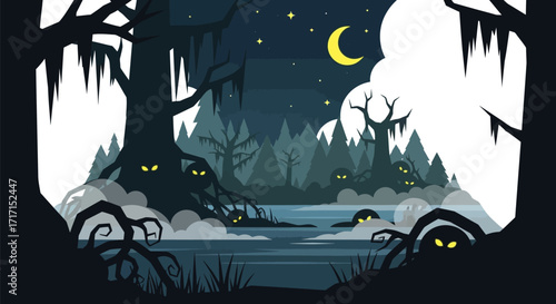 Eerie swamp landscape with glowing eyes in the dark night mysterious trees