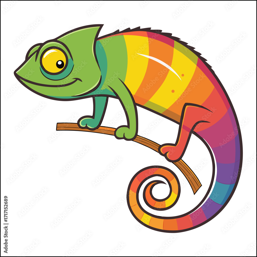 Fototapeta premium Cute cartoon chameleon with colorful patterned body perched on a branch