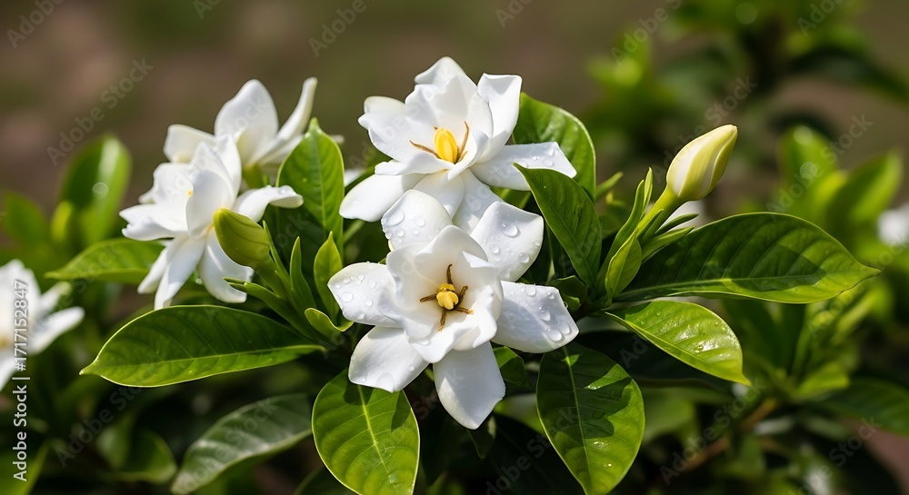 Fototapeta premium Close-up of a cluster of pristine white gardenias, showcasing delicate petals, vibrant green foliage, and glistening water droplets, creating a serene and natural scene.