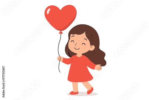 Sweet little girl holding red heart-shaped balloon, smiling child in red dress, cute cartoon kid with love balloon, Valentine's Day greeting card vector illustration, flat design concept