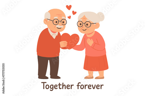 Valentine’s Day card with adorable elderly couple in love, romantic scene with senior man giving heart to wife, active seniors, love and togetherness concept, flat vector illustration