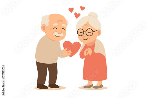 Valentine's Day card cute adorable senior couple in love romantic scene elderly man giving heart gift to happy wife active seniors together flat vector characters illustration