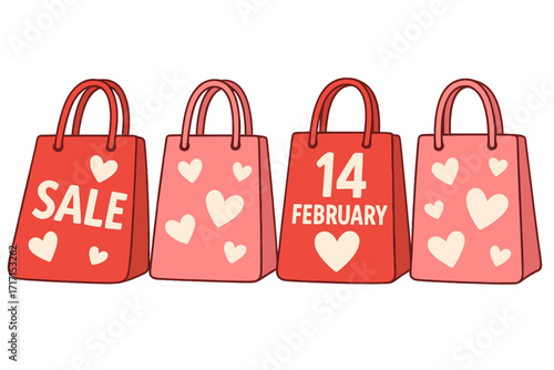 Valentine's Day Sale Shopping Bags with Heart Prints and 14 February Lettering, Romantic February 14th Shopping Bag Set for Valentine's Gift, Love Sale Banner Vector