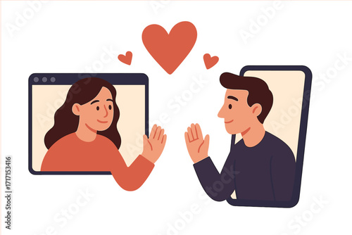 Virtual dating concept with woman and man connecting via video call, online relationship during quarantine, Valentine's Day love, flat vector illustration of digital romance and connection