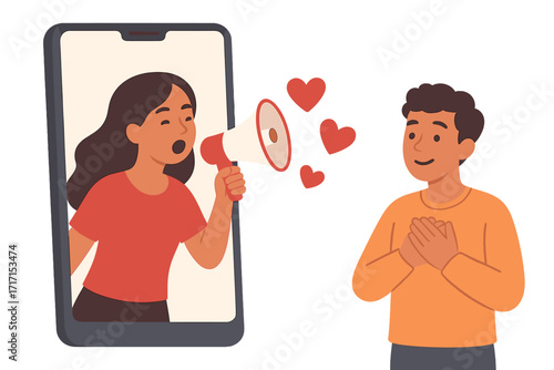 Young woman with megaphone shouting love from giant phone screen to beloved man, online confession, Valentine's Day romance, long-distance relationship concept, digital love communication