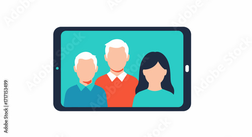 Family video call on tablet showing three family members during conversation digitally