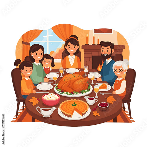 Happy Family Thanksgiving Dinner Celebration with Turkey and Pumpkin Pie