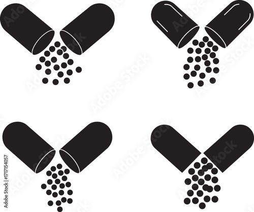 Four open capsule silhouettes with spilling powder silhouette