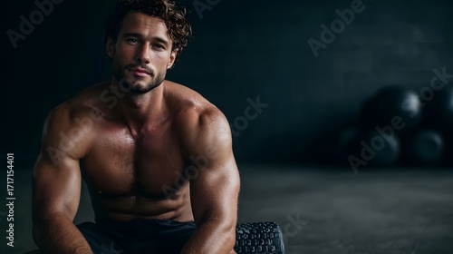 Fit muscular man sitting with a foam roller in a dimly lit gym recovering after an intense workout session