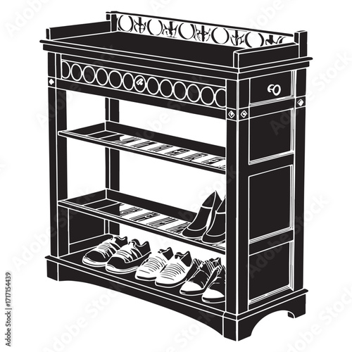 Black entryway shoe rack Silhouette Vector, High Quality Illustration on White Background