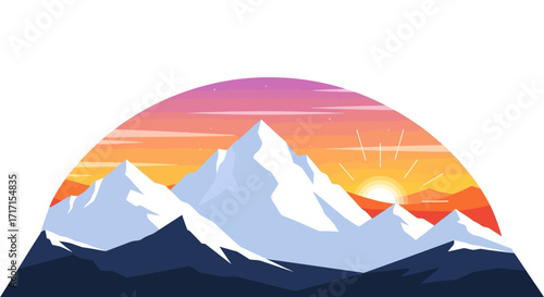 Illustration of snowy mountain peaks at sunset with vibrant colors of the sky background