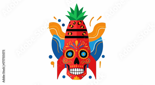 Festive day of the dead design with pineapple skull and colorful decorations
