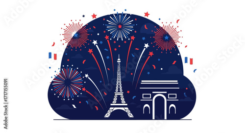 Celebration of Bastille Day with Eiffel Tower and fireworks in the background illustration