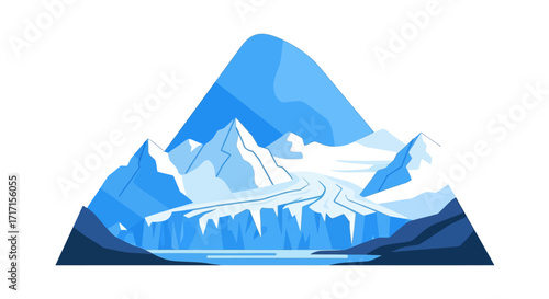 Illustration of a majestic glacial landscape with mountains in various shades of blue depicting