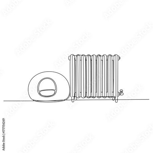 Enclosed pet bed near radiator in line art style symbolizing protection