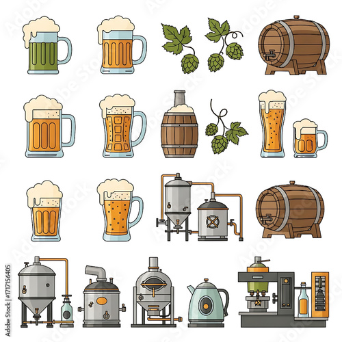 Beer Brewing Icons Set Craft Drink Equipment Hops Barrels Mugs