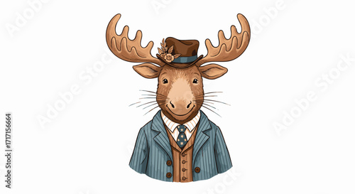Charming and distinguished moose character portrait wearing a dapper tweed suit and elegant fedora hat, embodying a whimsical vintage gentleman's style in a captivating illustration