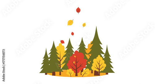 Colorful Autumnal Forest Scene with Falling Leaves Isolated on White Background