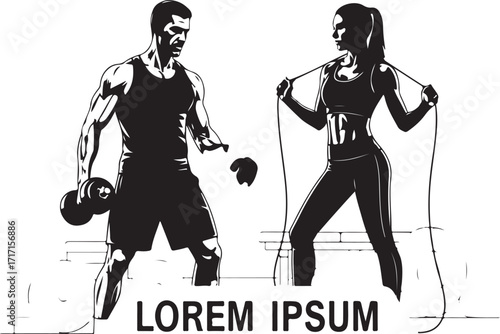 Fitness couple jumping rope dumbbell