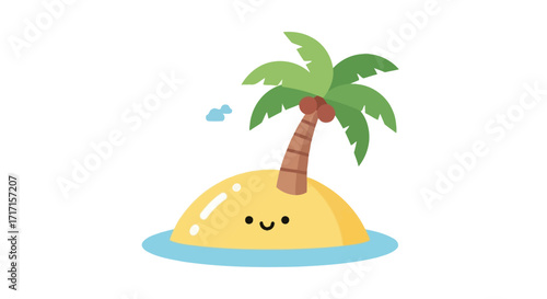 Cute cartoon tropical island with smiling face, palm tree and serene ocean scene isolated on white