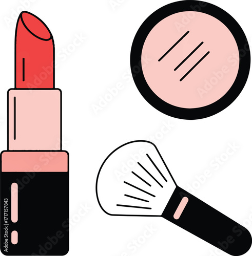 Beauty essentials red lipstick powder compact and makeup brush set for cosmetic routine