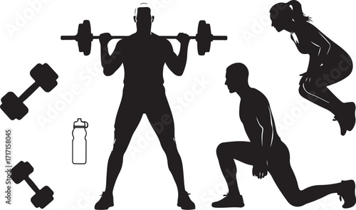 Fitness workout silhouette set action