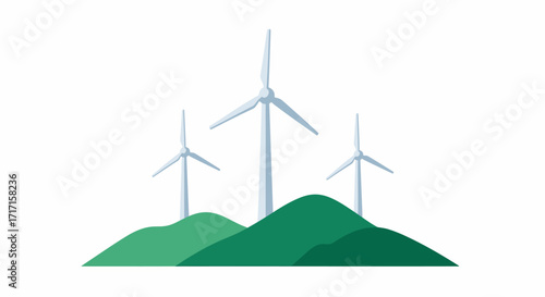 Minimalist Wind Turbine Farm on Green Hills Illustration for Renewable Energy Concept
