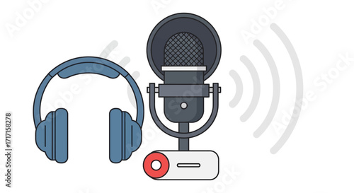 Illustration showcasing podcasting setup with microphone headphones and sound waves emitting