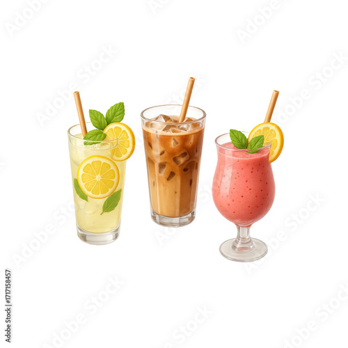 Isolate transparent Refreshing Summer Drinks Assortment with Lemon, Mint, and Strawberry Smoothie PNG die-cut for advertising