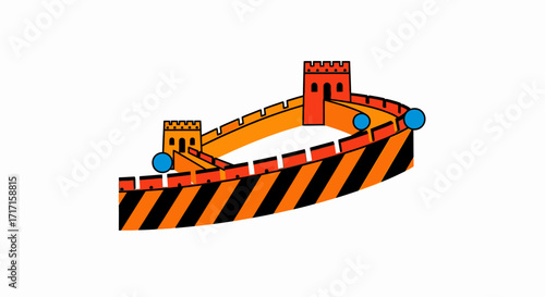 Stylized depiction of the Great Wall of China using vibrant colors and cartoon design