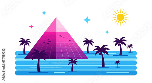 Vaporwave inspired pyramid island scene with palm trees and radiant sunset glow