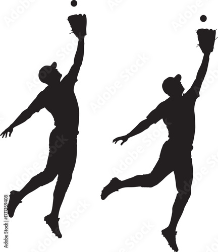 Two baseball players jumping to catch a ball silhouette
