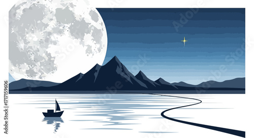 Serene night landscape with a full moon, mountains, lake, and a lone sailboat illustration