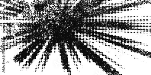 Halftone radial texture. Comic style grain background. Pop art faded textured frame. Grunge speckle effect. Dotted particles print wallpaper. Pixelated gradient backdrop