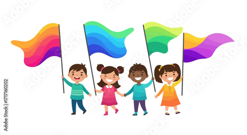 Happy diverse children holding colorful flags representing unity and celebration