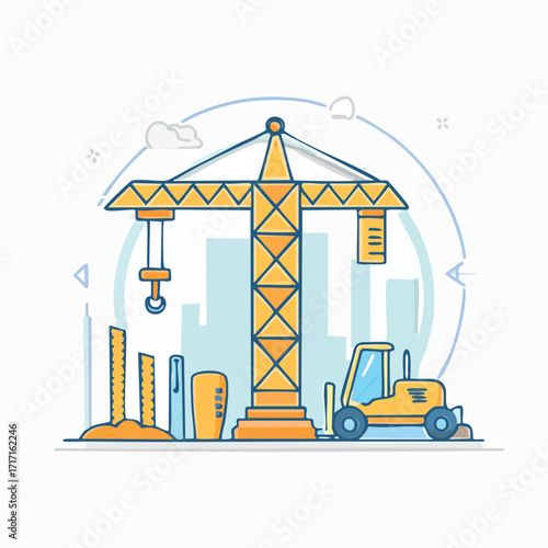 Vector illustration of a construction site with a crane, bulldozer, building supports, and a background of city buildings, rendered in a stylized, illustrative manner with a blue and yellow color pale