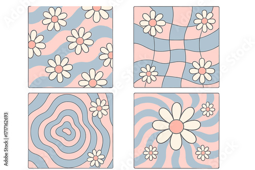 Groovy 70s daisy flower backgrounds set. Vintage 1960s trippy psychedelic patterns with wavy swirls and grids in pastel pink and blue. Retro fluid vector illustration.