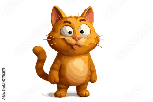3D ginger tabby cat character with a funny, silly face. Cute cartoon kitten standing and sticking its tongue out. Naughty pet animal vector illustration isolated on white.