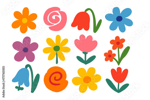 Cute abstract flower clipart set. Collection of colorful childish floral elements. Naive funky retro groovy flowers vector. Textured simple bloom shapes for modern design.