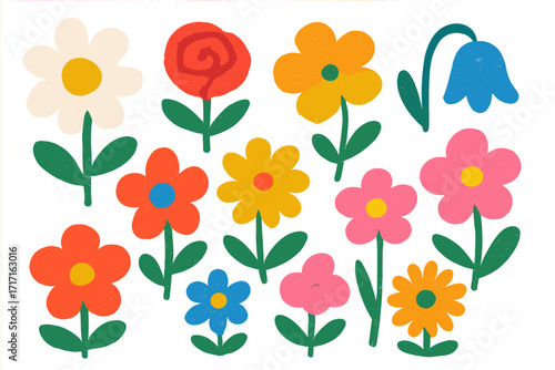 Set of abstract childish flowers. Bright colorful organic floral elements. Naive hand drawn doodle illustration with texture. Groovy retro botanical shapes for creative print.