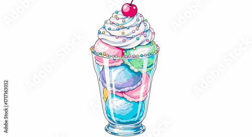 Whimsical Ice Cream Sundae Illustration with Pastel Scoops