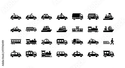 Vector Icons Set of A diverse set of black silhouette transportation vehicle icons. EPS Editable