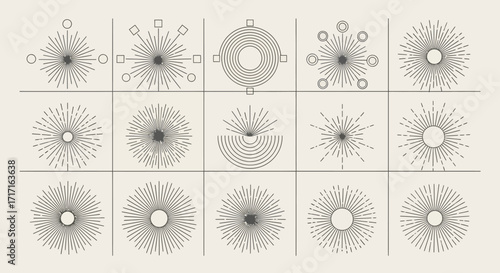 Vector Icons Set of Abstract Celestial Sunburst and Radial Line Art Elements Collection. EPS Editable