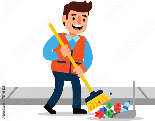 Smiling street cleaner sweeps trash into bin on sidewalk wearing orange vest, promoting cleanliness and community pride.