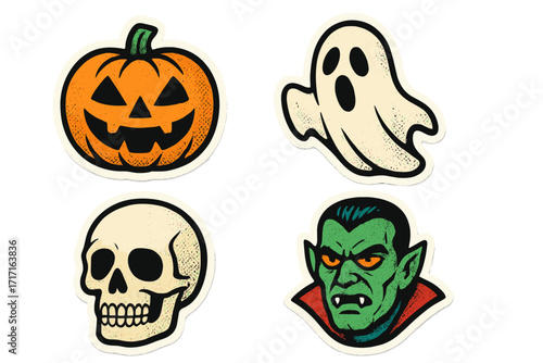 Vintage Halloween sticker collection in 90s halftone style. Vector set with scary pumpkin, ghost, skull, and vampire monster. Retro horror paper collage design elements.