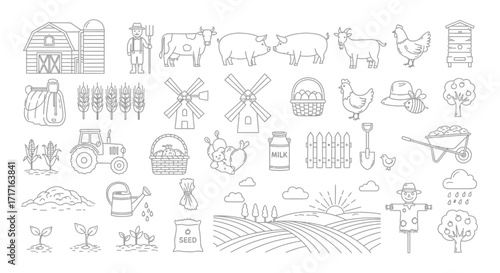 Vector Icons Set of Big set of hand drawn farm and agriculture doodle icons vector illustration. EPS Editable