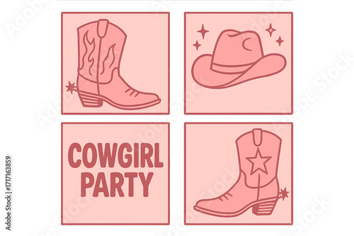 Retro cowgirl party set. Pink western collection with cowboy boots and hat illustrations. Bachelorette party concept. Vintage preppy wall art prints. Wild west aesthetic.