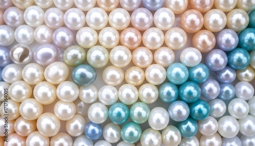Close-up, top-down shot of a multitude of lustrous, colorful pearls arranged in a dense grid