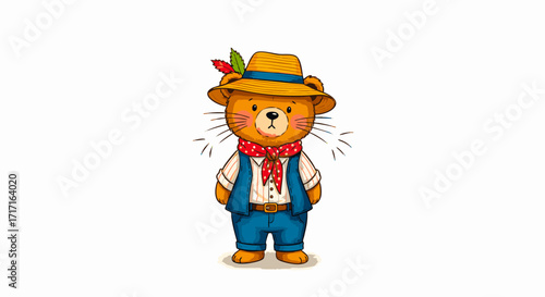A delightful illustration of a cute anthropomorphic bear character, charmingly dressed in a folk-style hat, a vibrant red bandana, and a blue vest, standing playfully